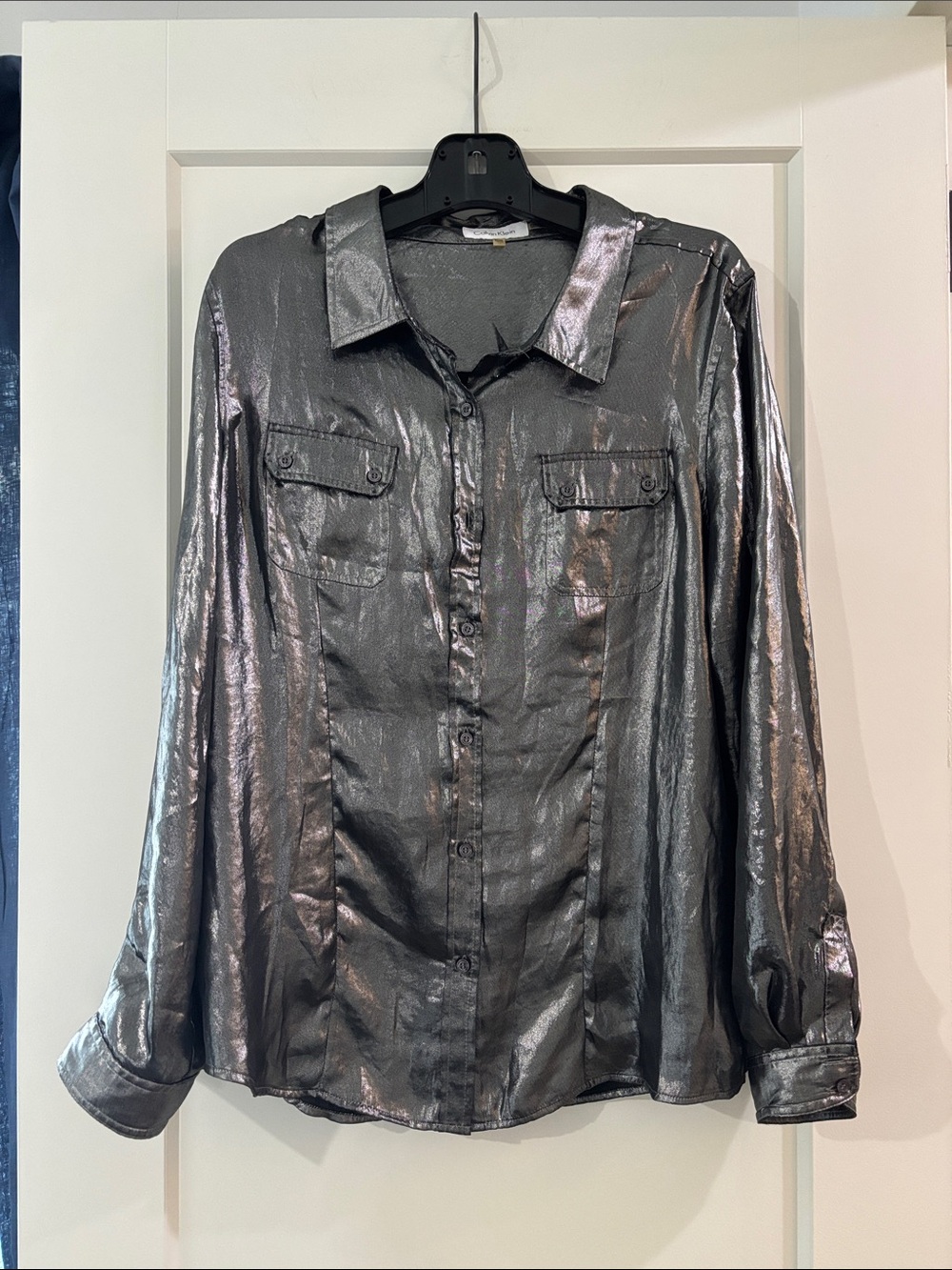 Calvin Klein Metallic Charcoal Button-Front Women's Shirt